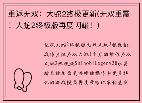 重返无双：大蛇2终极更新(无双重震！大蛇2终极版再度闪耀！)